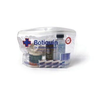 Bolsa transparente de vinil con material de curación: agua oxigenada, alcohol, 4 curitas, 4 gasas estériles, 1 tela microporosa, venda elástica