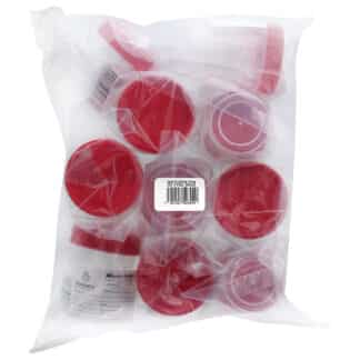 Vasos de plástico con tapa color rojo para muestras clínicas embolsados.