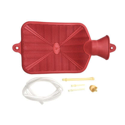 Bolsa de hule natural para agua caliente dos calores Damaco color rojo, tubo irrigador, cánulas rectales y vaginales y tapón