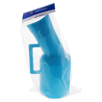 Orinal de plástico femenino Damaco con asa color azul vista perfil sobre fondo blanco en bolsa