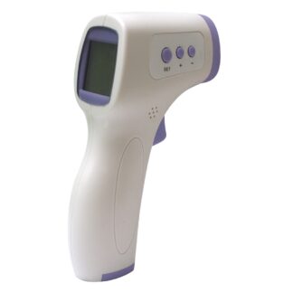 Vista lateral derecha de termómetro infrarrojo digital de mano color blanco con botones y detalles color morado