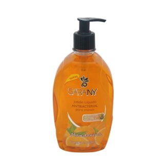 Botella dispensadora de jabón antibacterial líquido marca Sarany color naranja aroma mandarina