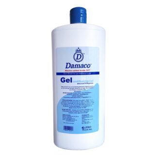 Botella 1 litro gel antibacterial con tapa azul sobre fondo blanco