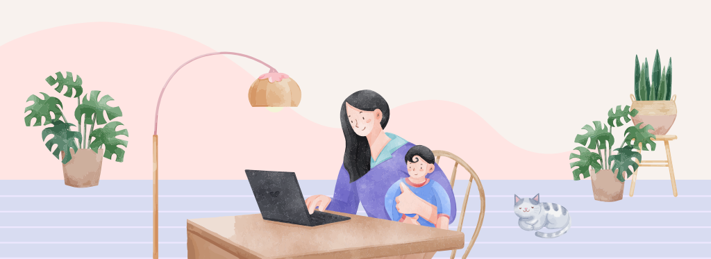 Ilustración tipo acuarela de una madre sosteniendo a un niño pequeño mientras trabajo frente a una computadora de escritorio