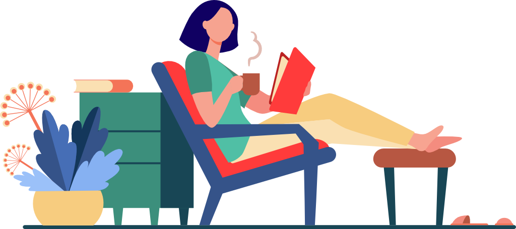 Ilustración vectorial estilo plano de una mujer relajándose en casa, bebiendo un té caliente con un libro entre las manos.